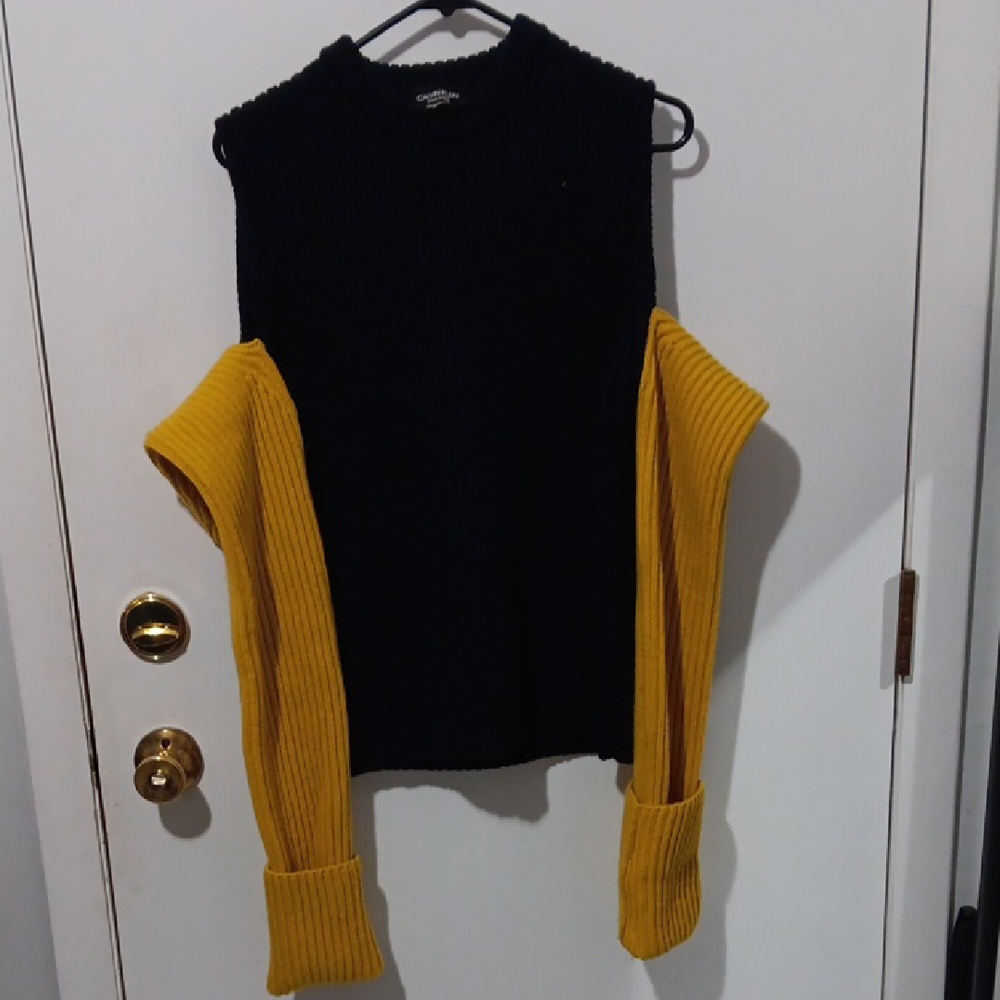 Calvin Klein Black Sleeveless Sweater with Yellow Sleeves